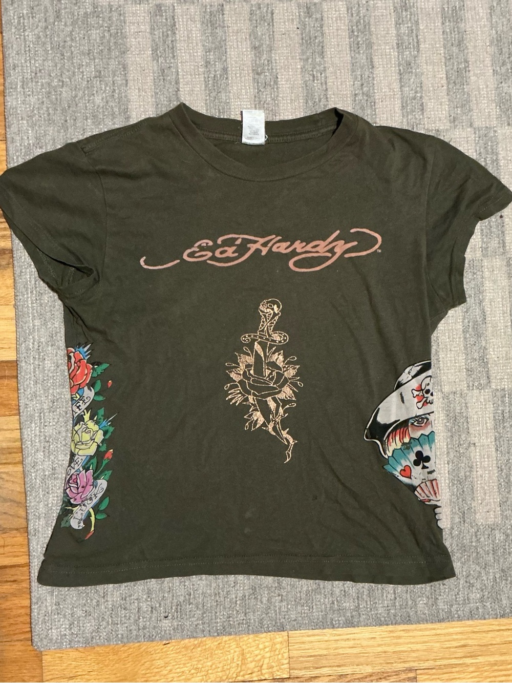Ed Hardy Olive Graphic Logo Tee with Multicolor Tattoo Art